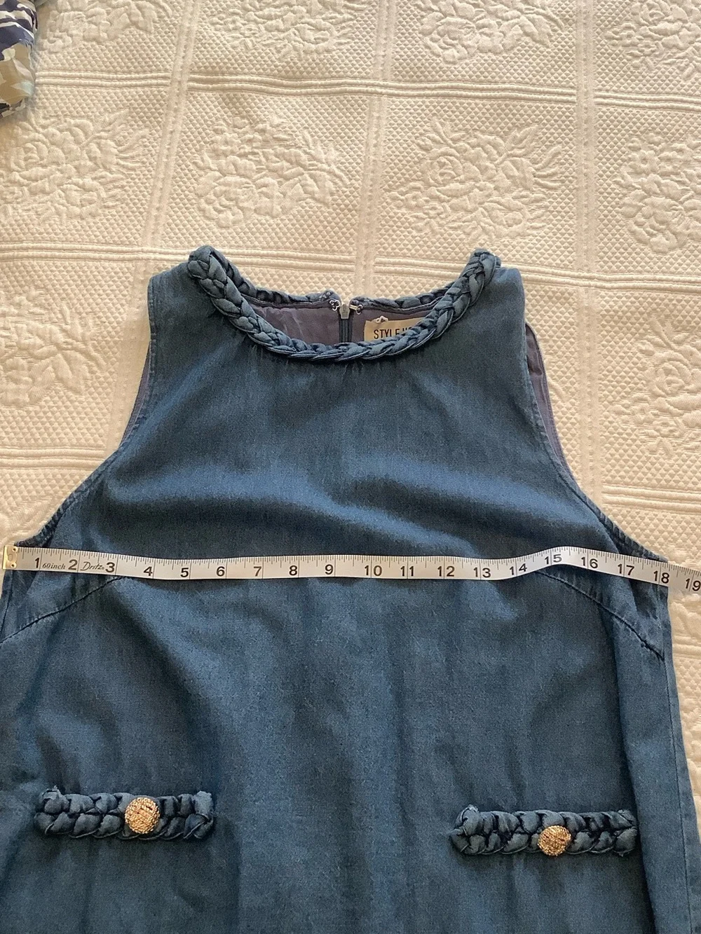 Sleeveless Chambray Midi Dress in Blue with Braided Trim - Picture 8 of 9